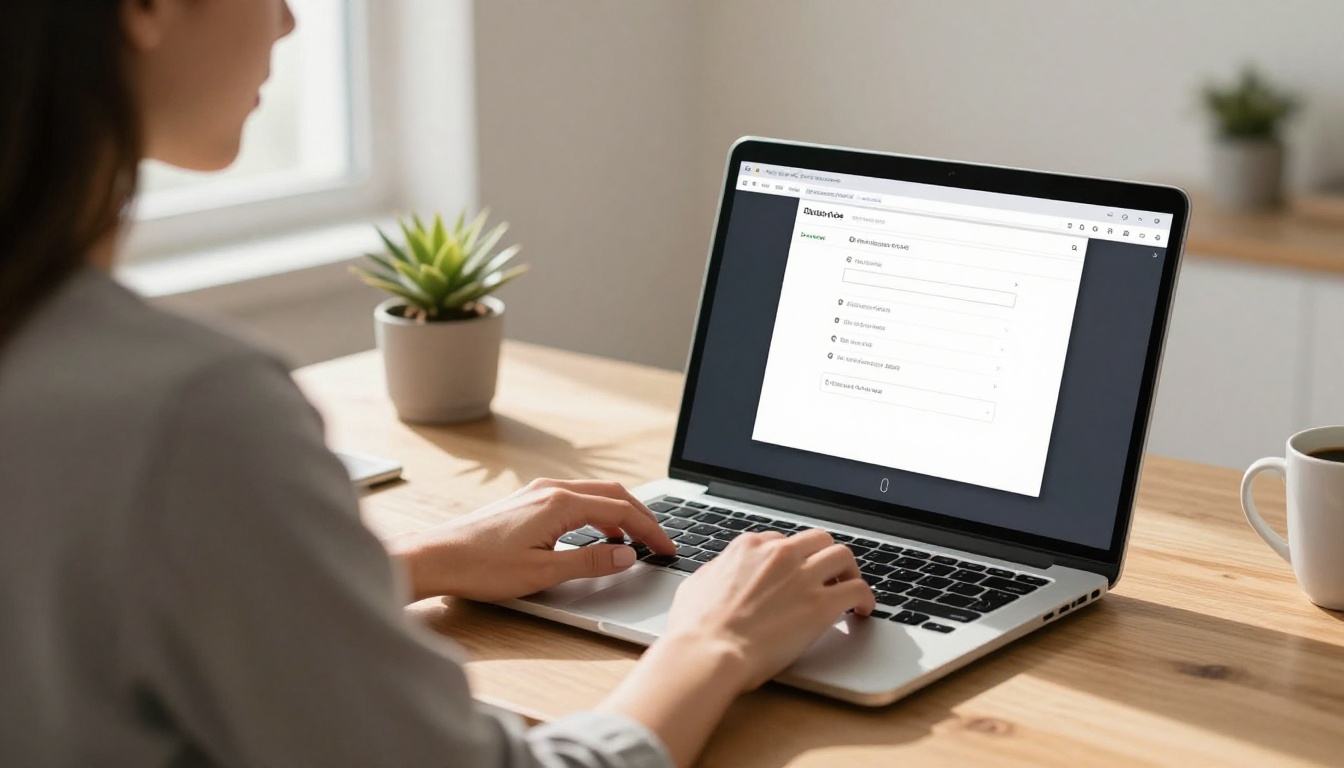 Woman sitting at a bright minimalist home office desk uploading video and audio files on a laptop computer