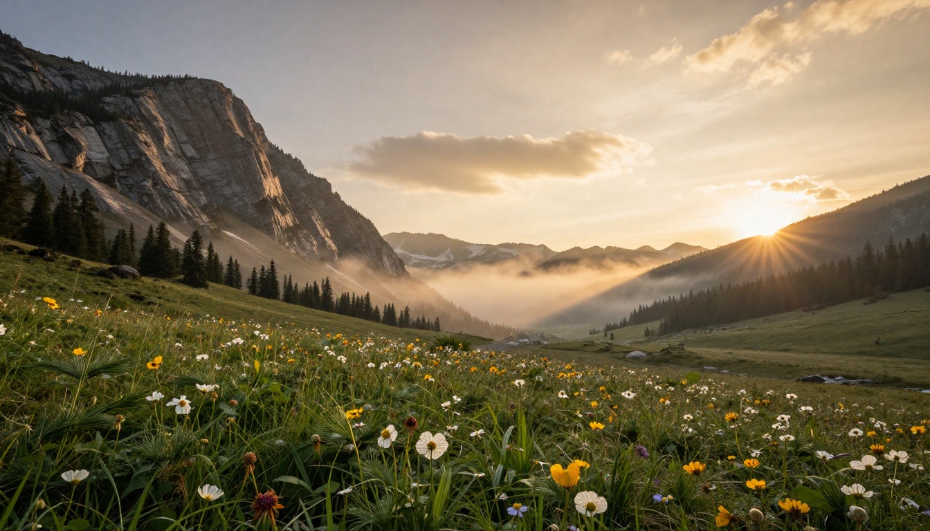 Mountain valley at golden hour with individual pine needle and wildflower detail
