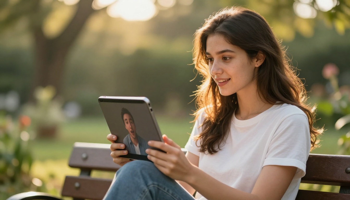 Young woman seated outdoors in golden afternoon light, watching a talking avatar video playing on a tablet with a pleased expression