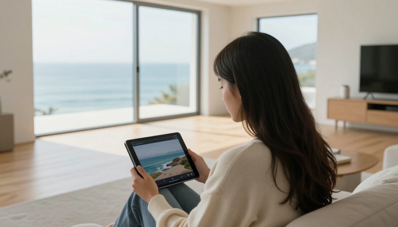 Young woman watching 4K video playback on a tablet in a modern minimalist living room