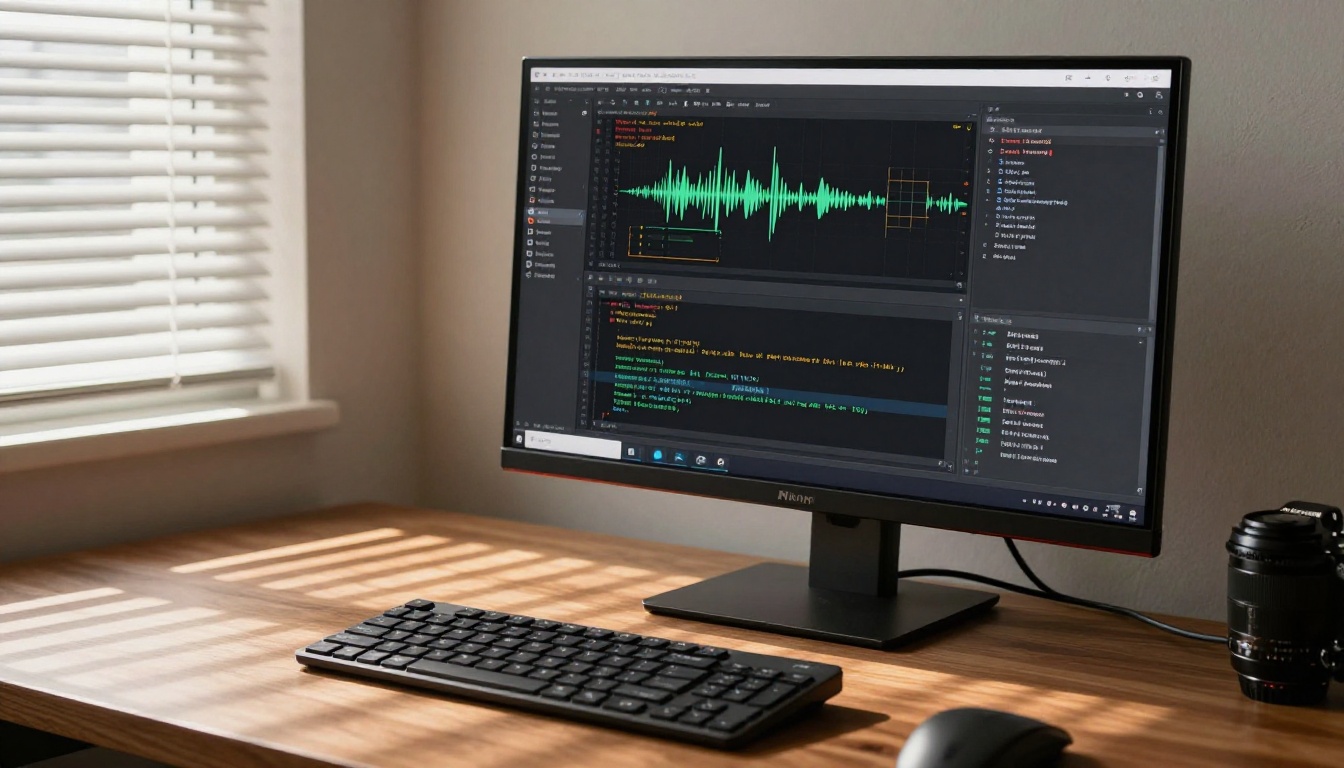 A developer's workstation with split-screen panels showing code, images, and audio data