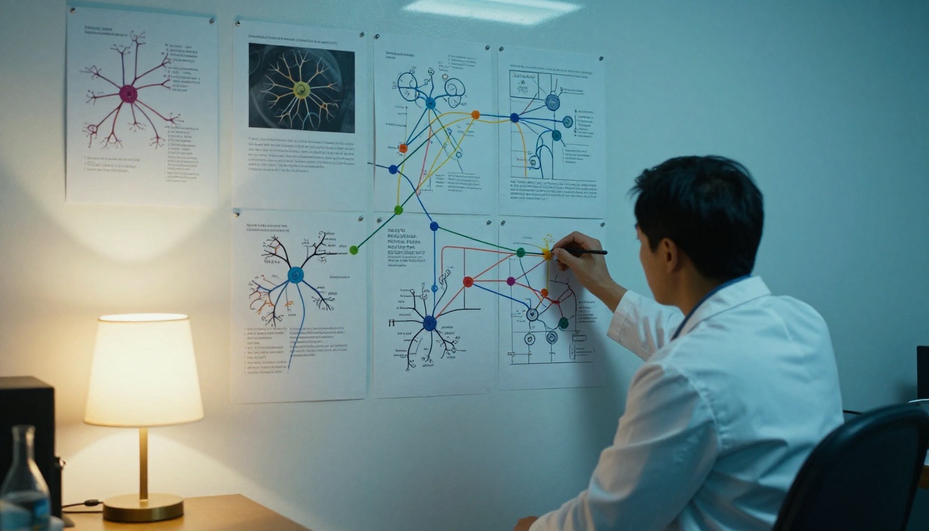 A researcher mapping neural network connections across different input modalities on a pin board