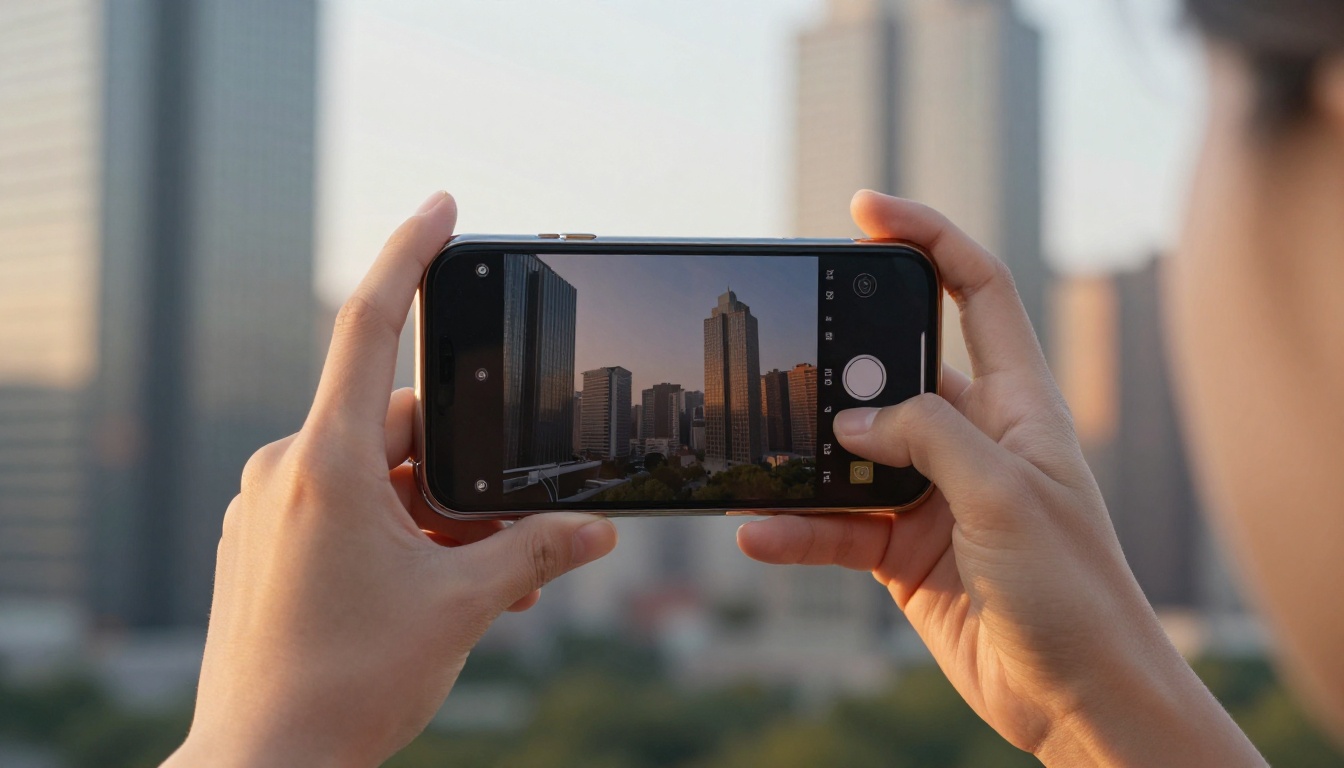 A woman pointing her smartphone camera at a cityscape, the screen reflecting the scene as it's being analyzed