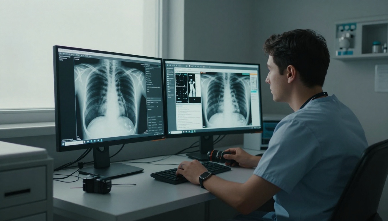 A radiologist reviewing chest X-rays at a workstation with an AI interface showing text annotations and diagnostic suggestions