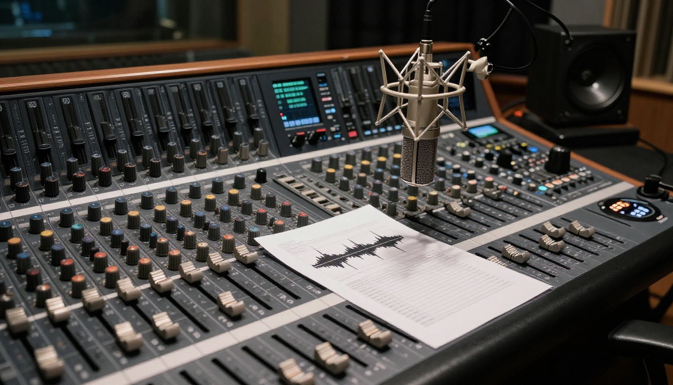 A professional recording studio mixing console with a microphone and printed audio waveform visualization