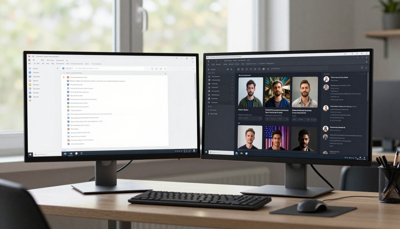 Two monitors side by side, the left showing a simple text chat interface and the right showing a rich multimodal AI interface with images and transcripts
