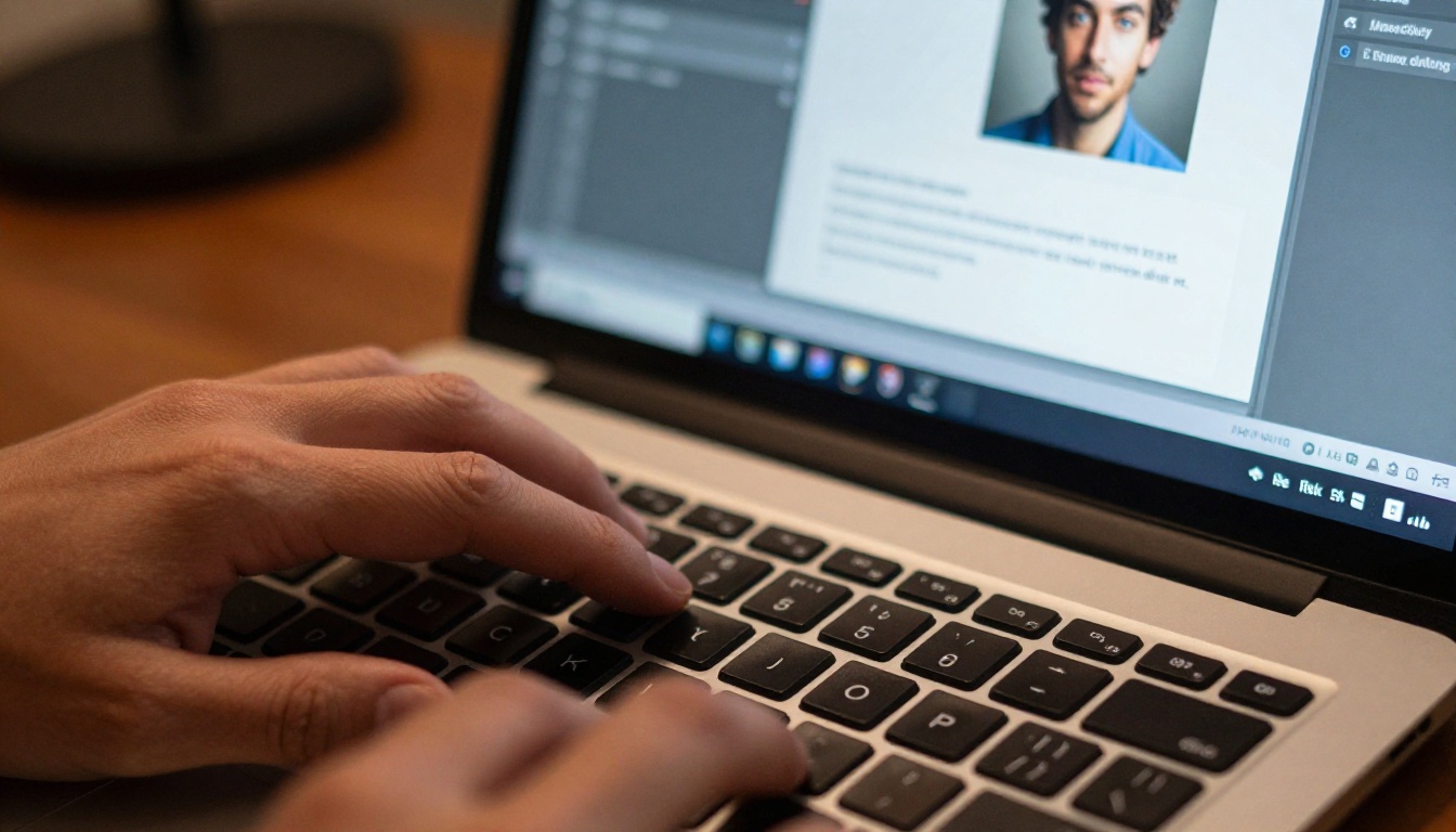 Hands on a laptop keyboard with an AI image generation interface on screen showing a photorealistic portrait being rendered