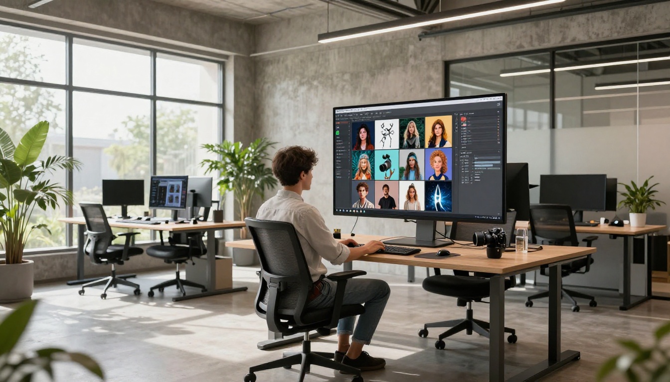 A creative professional at a co-working space with a large monitor showing an AI art generation platform with a grid of generated images