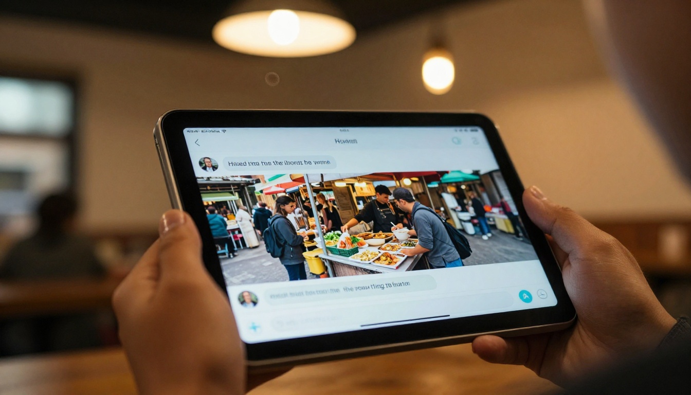 A person holding a tablet showing an AI chat interface with an embedded photo of a street food market