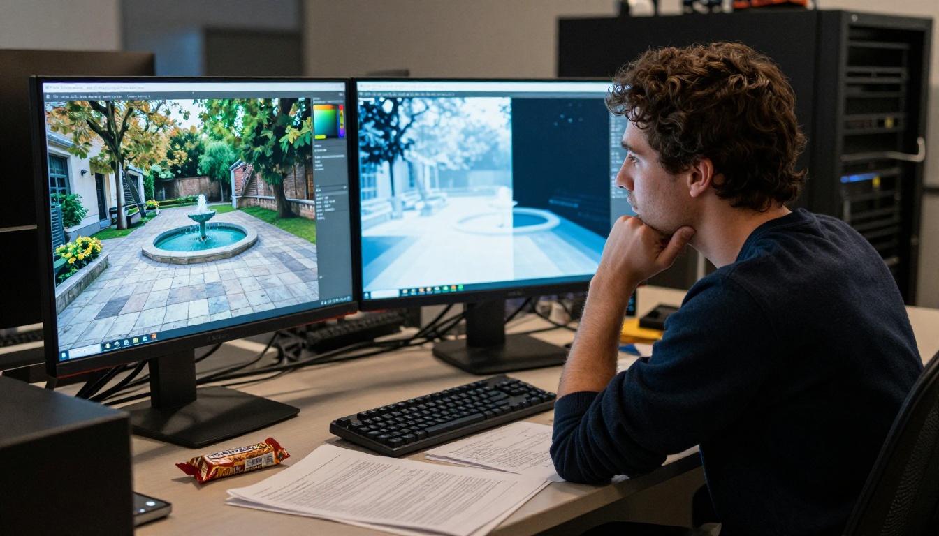 A researcher analyzing depth map visualizations on dual ultrawide monitors in a computer vision lab