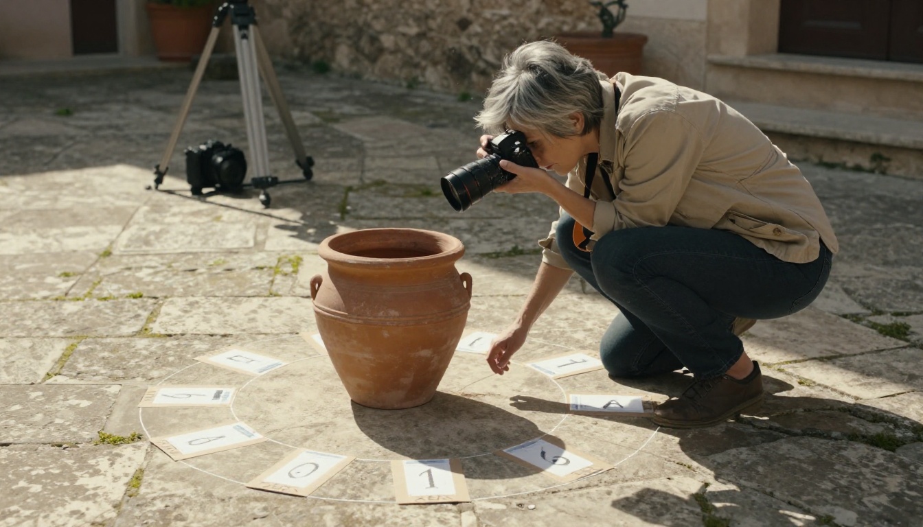 A professional photographer using a structured capture pattern to photograph a terracotta pot for photogrammetric reconstruction