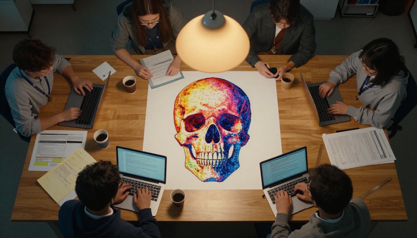 Aerial view of graduate students analyzing a color point cloud printout on a university lab table