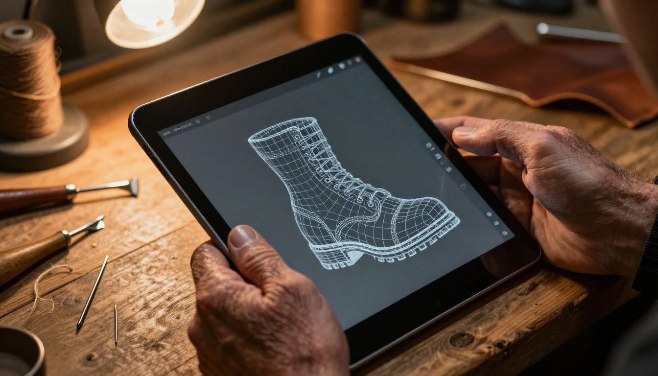 Craftsman's hands holding a tablet displaying a 3D wireframe mesh of a leather boot over a workshop bench