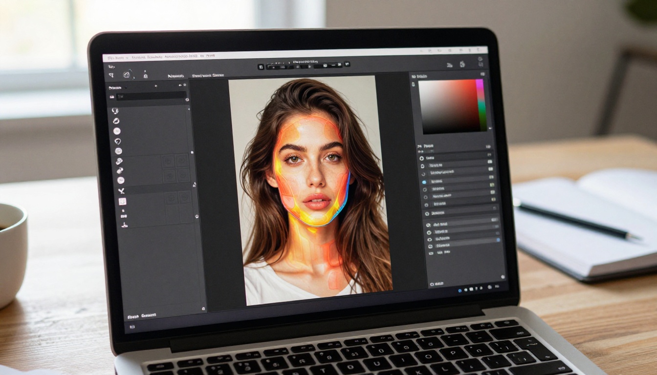 AI processing visualization on a laptop screen showing photo editing interface AI processing visualization on a laptop screen showing photo editing interface