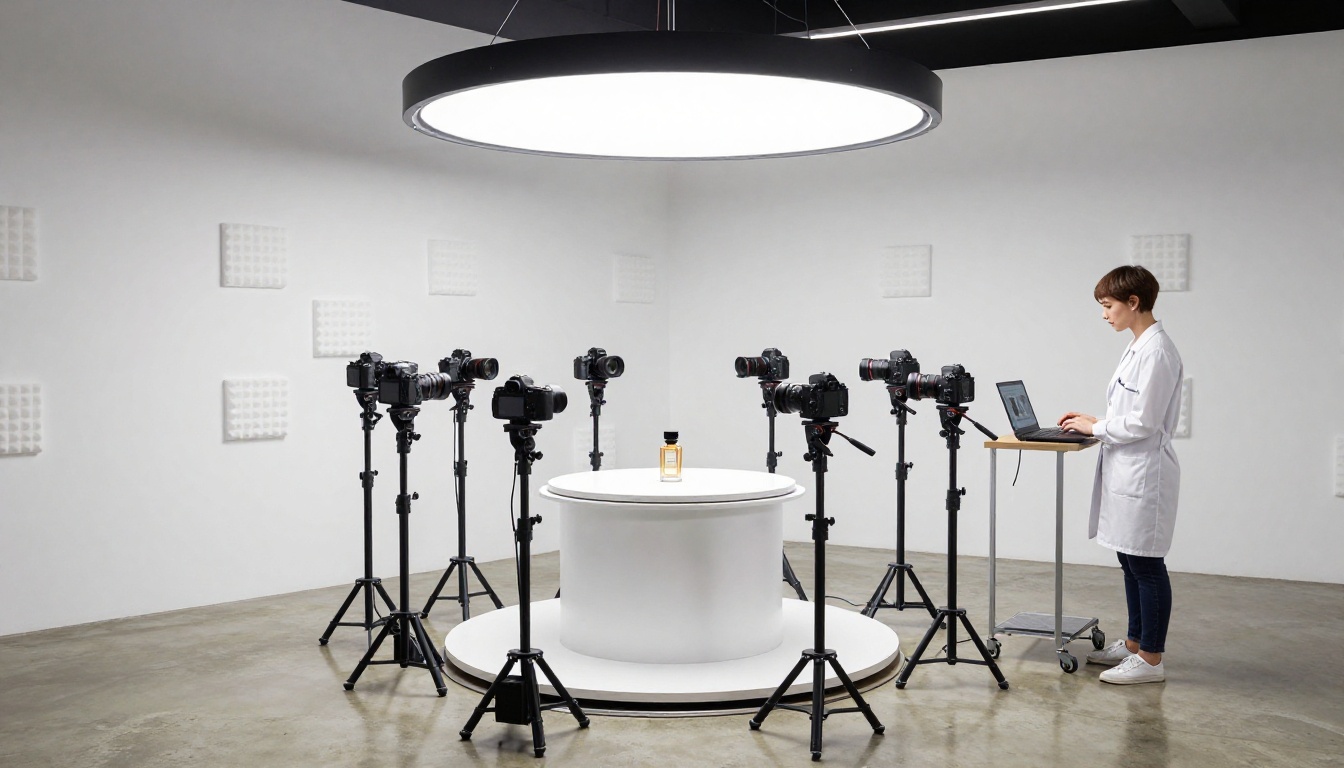 Professional photogrammetry scanning booth with multiple cameras arranged around a rotating turntable capturing a perfume bottle