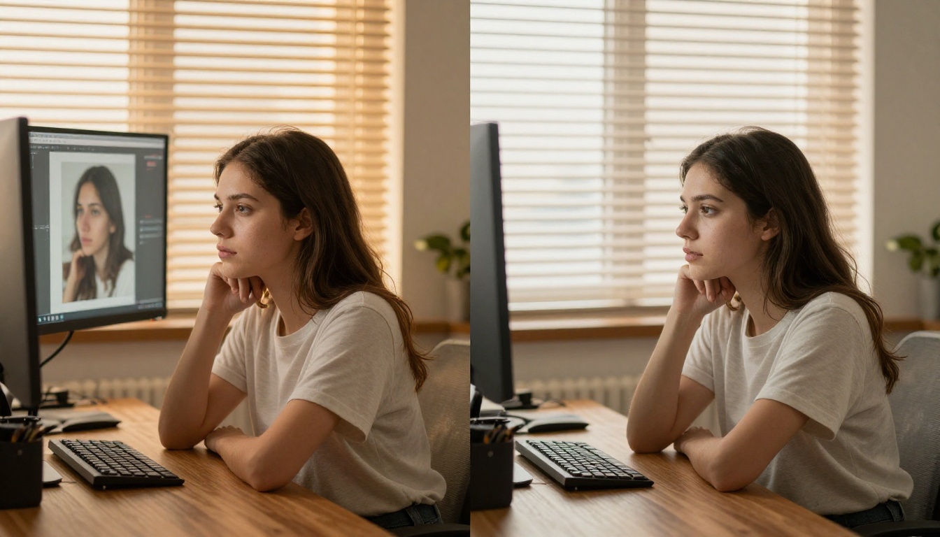 Dual monitor setup with a raw portrait on the left and an AI-processed version on the right Dual monitor setup with a raw portrait on the left and an AI-processed version on the right