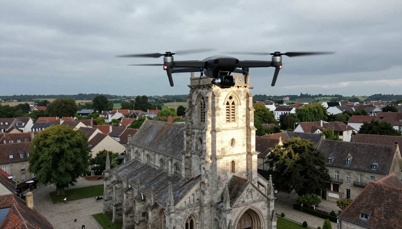 Commercial drone hovering above a Gothic stone church for aerial photogrammetric reconstruction of the historic building