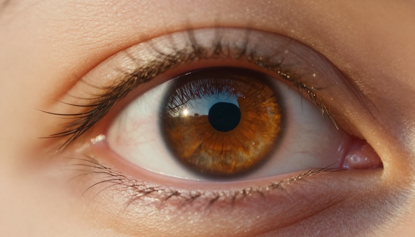 Extreme close-up macro of a human eye reflected in a camera lens with rich amber iris texture