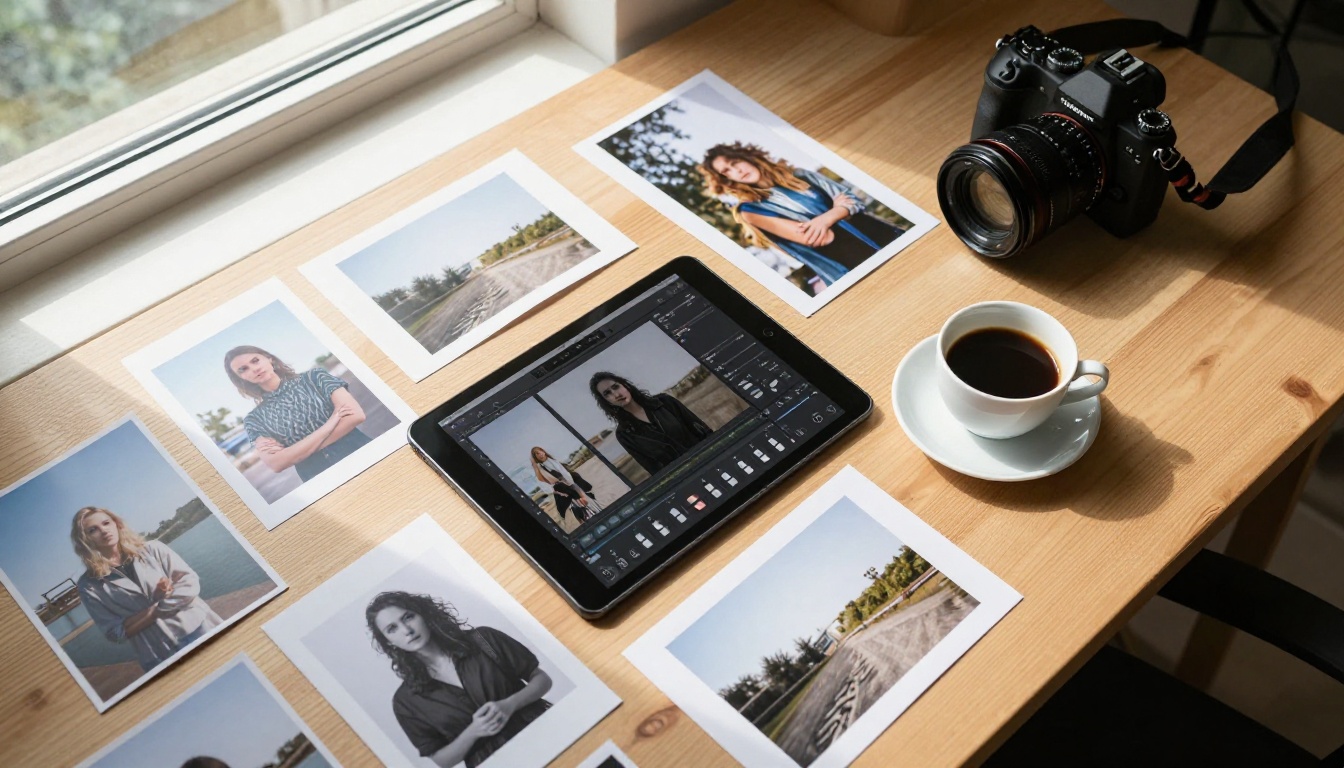 Photographer's overhead workspace with camera, printed portraits, and tablet Photographer's overhead workspace with camera, printed portraits, and tablet