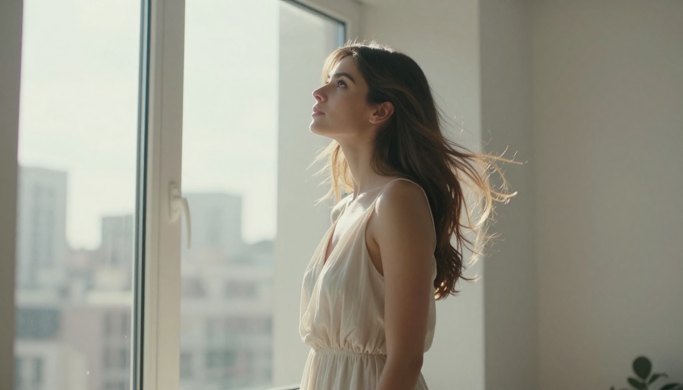 Elegant woman standing near a floor-to-ceiling window with natural backlight creating a luminous silhouette Elegant woman standing near a floor-to-ceiling window with natural backlight creating a luminous silhouette