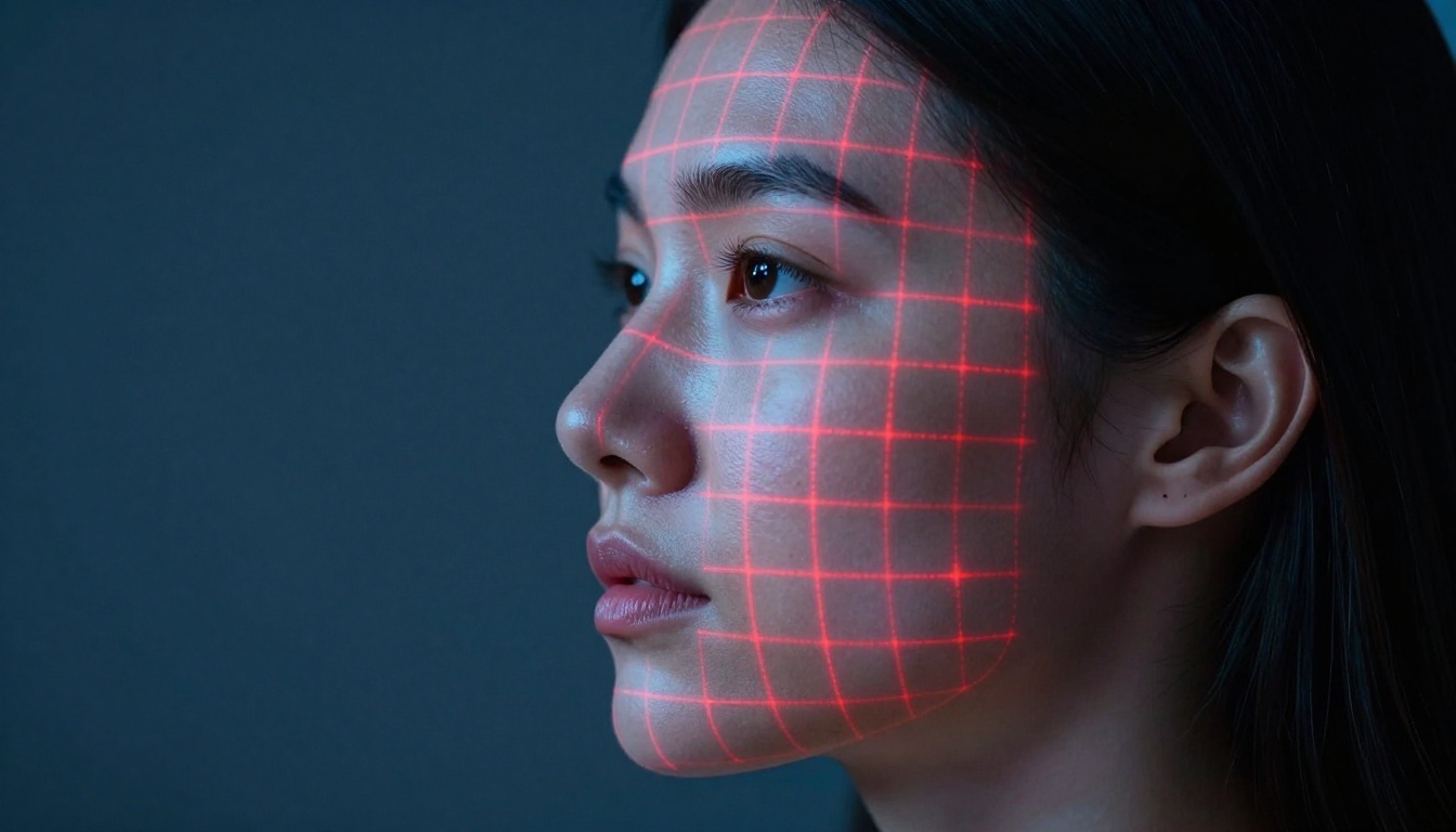 Portrait of a woman with a subtle facial scanning grid overlay following her skin contours Portrait of a woman with a subtle facial scanning grid overlay following her skin contours