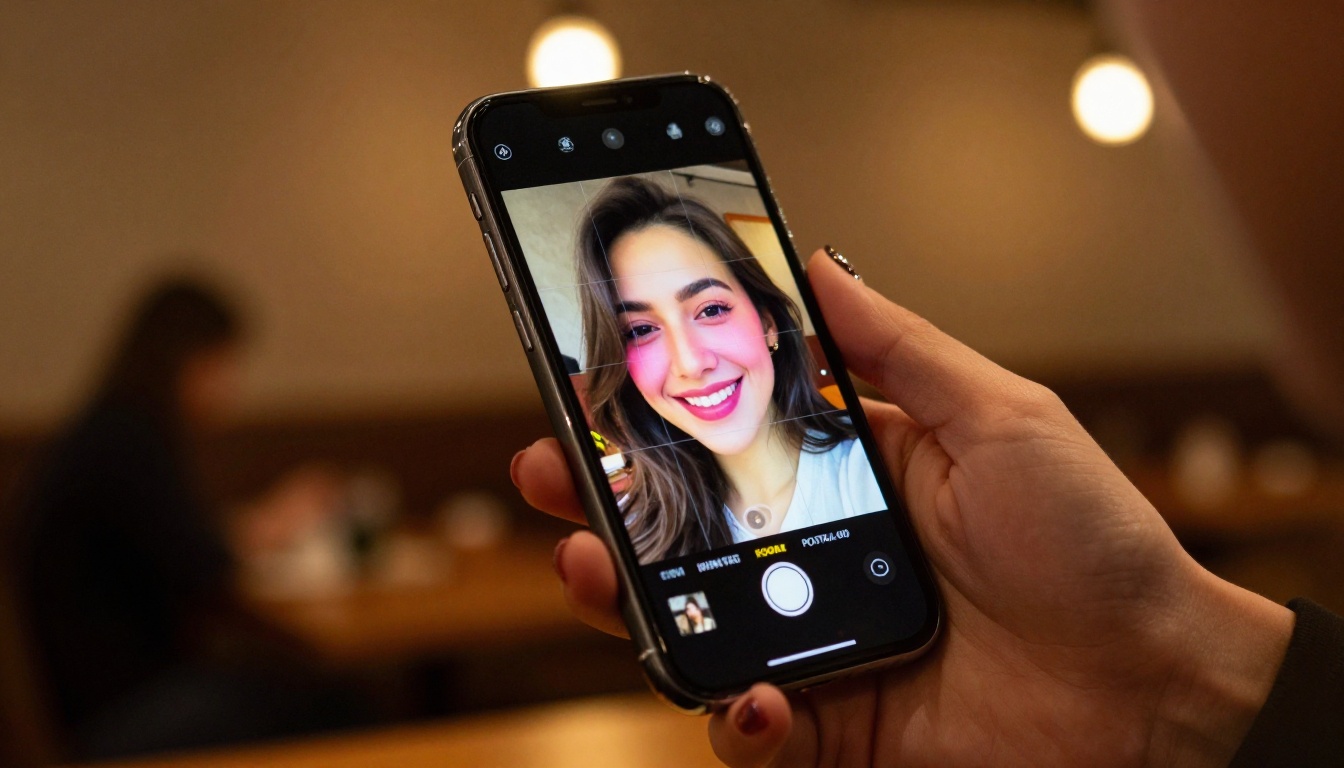 Smartphone held in a woman's hand showing real-time AI depth map visualization during portrait capture