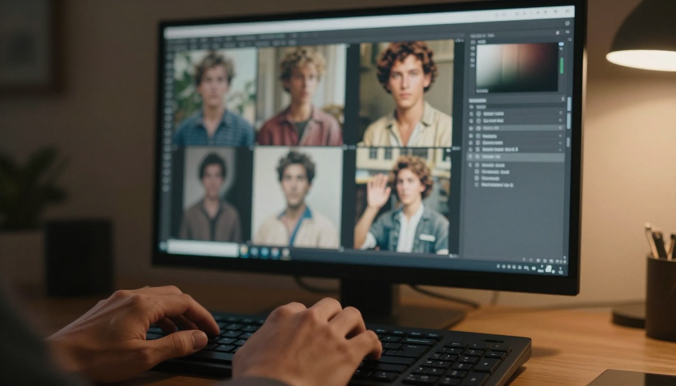 Professional hands typing at a keyboard with an AI photo restoration workflow visible on screen