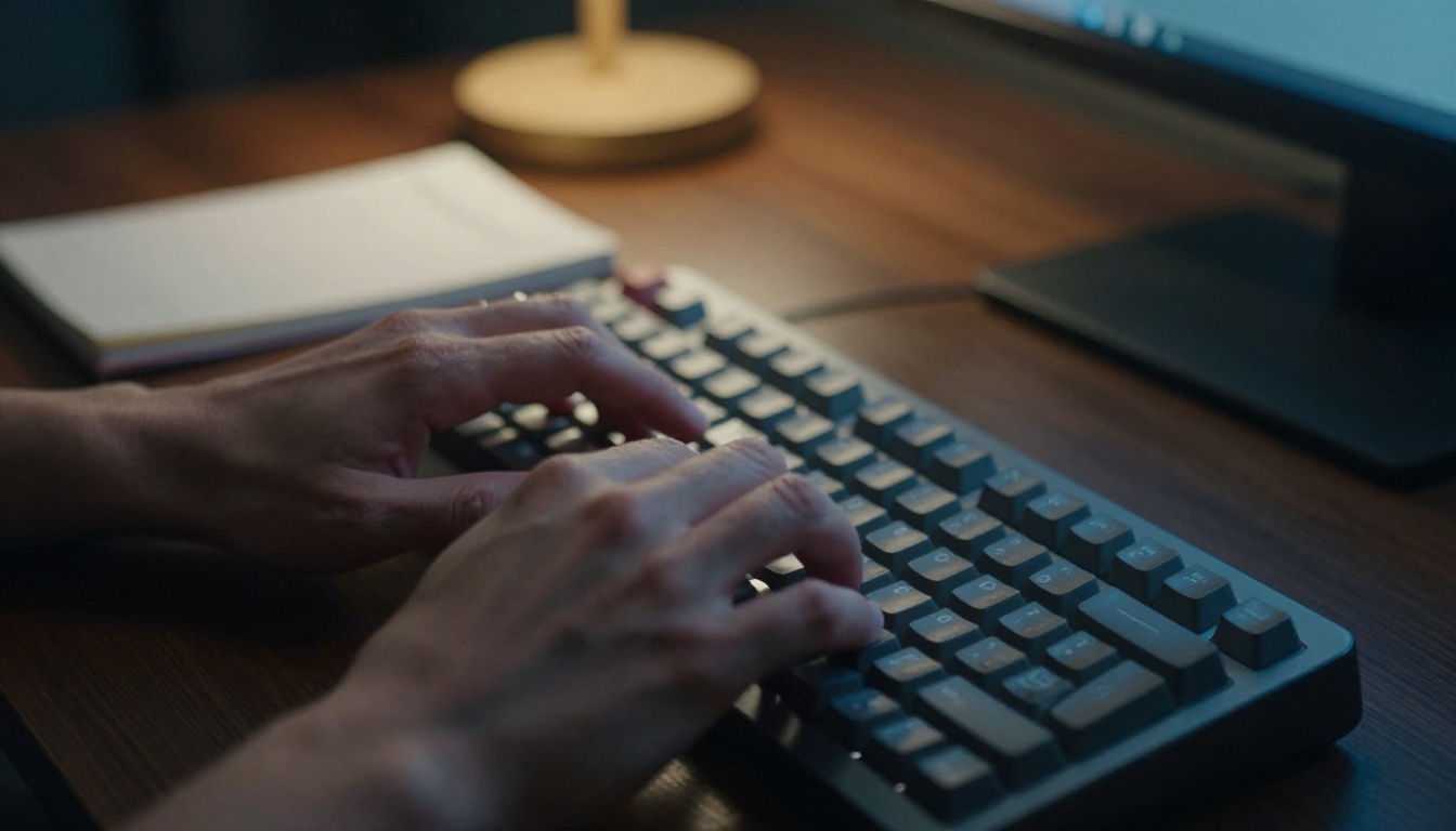 A focused professional typing on a keyboard at a desk at night