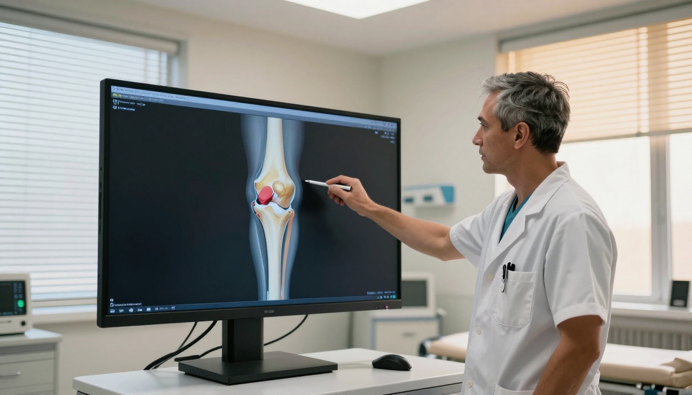 Orthopedic surgeon reviewing a 3D bone reconstruction of a knee joint on a large medical display monitor in a hospital consultation room
