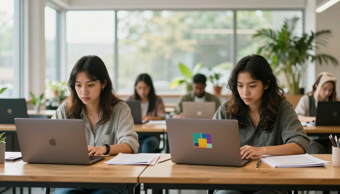 Two professionals collaborating at laptops in a co-working space