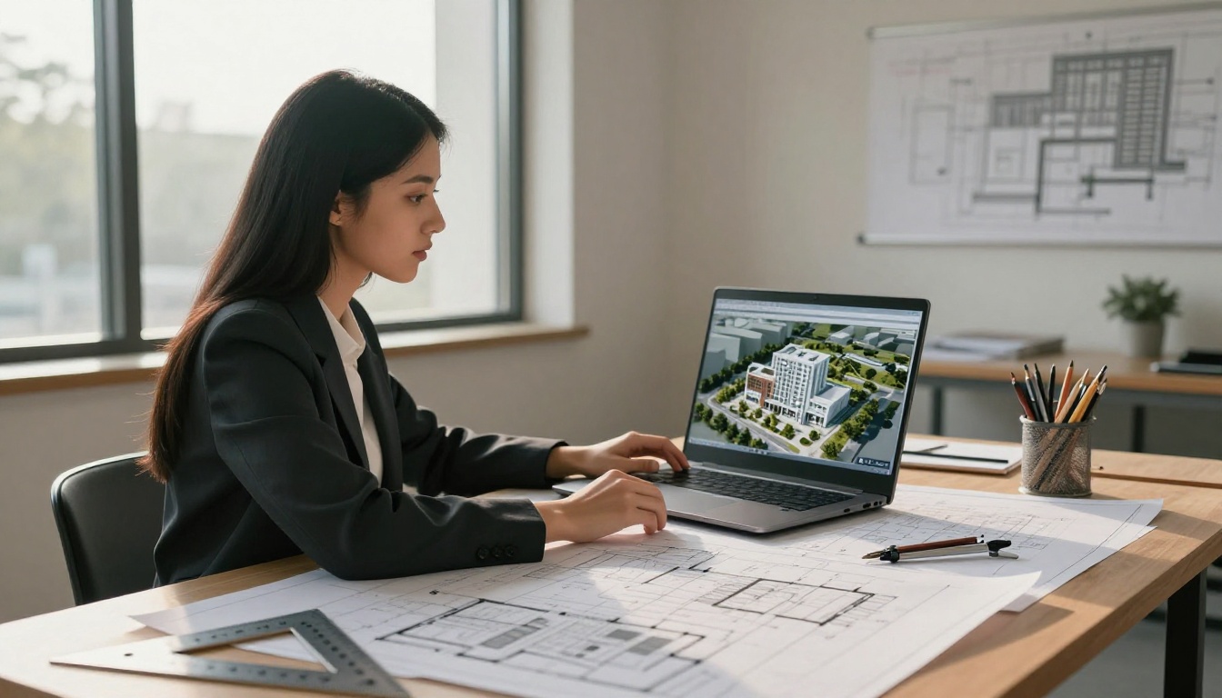 Female architect studying a 3D building model generated from drone photography at a drafting table covered with printed floor plans