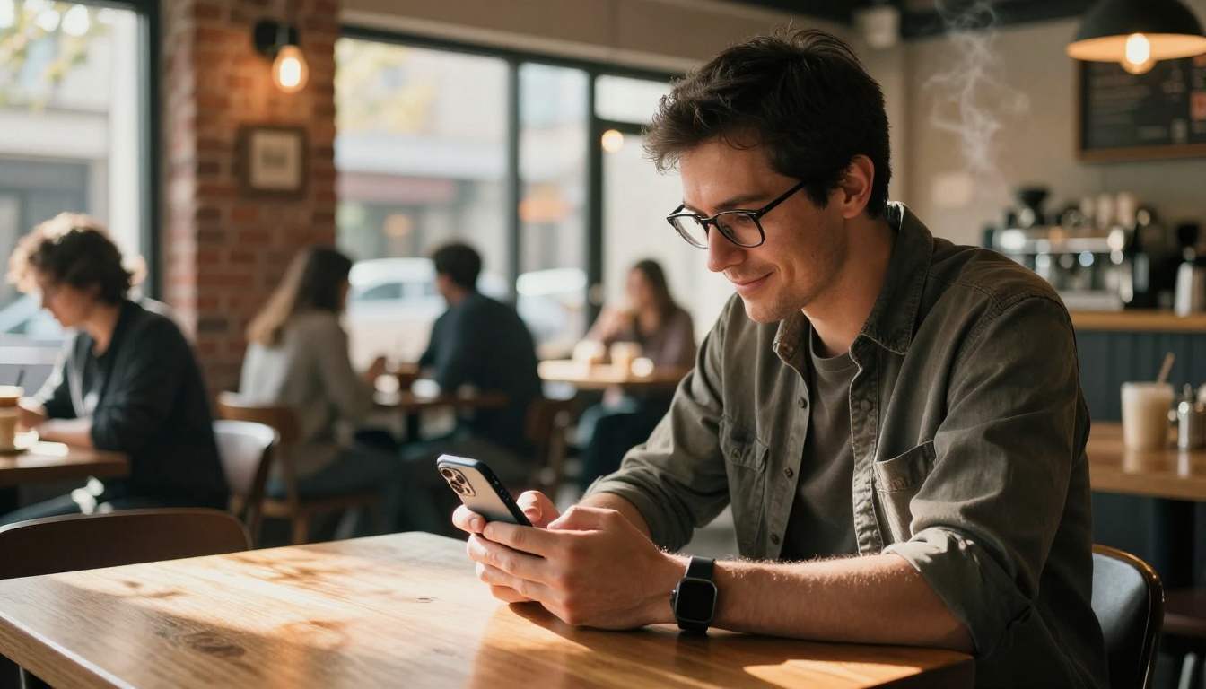 Man reading AI chatbot response on smartphone in a coffee shop