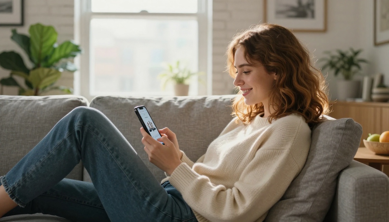 Young woman using a smartphone app to preview a 3D model while relaxing on a sofa in a sunlit living room