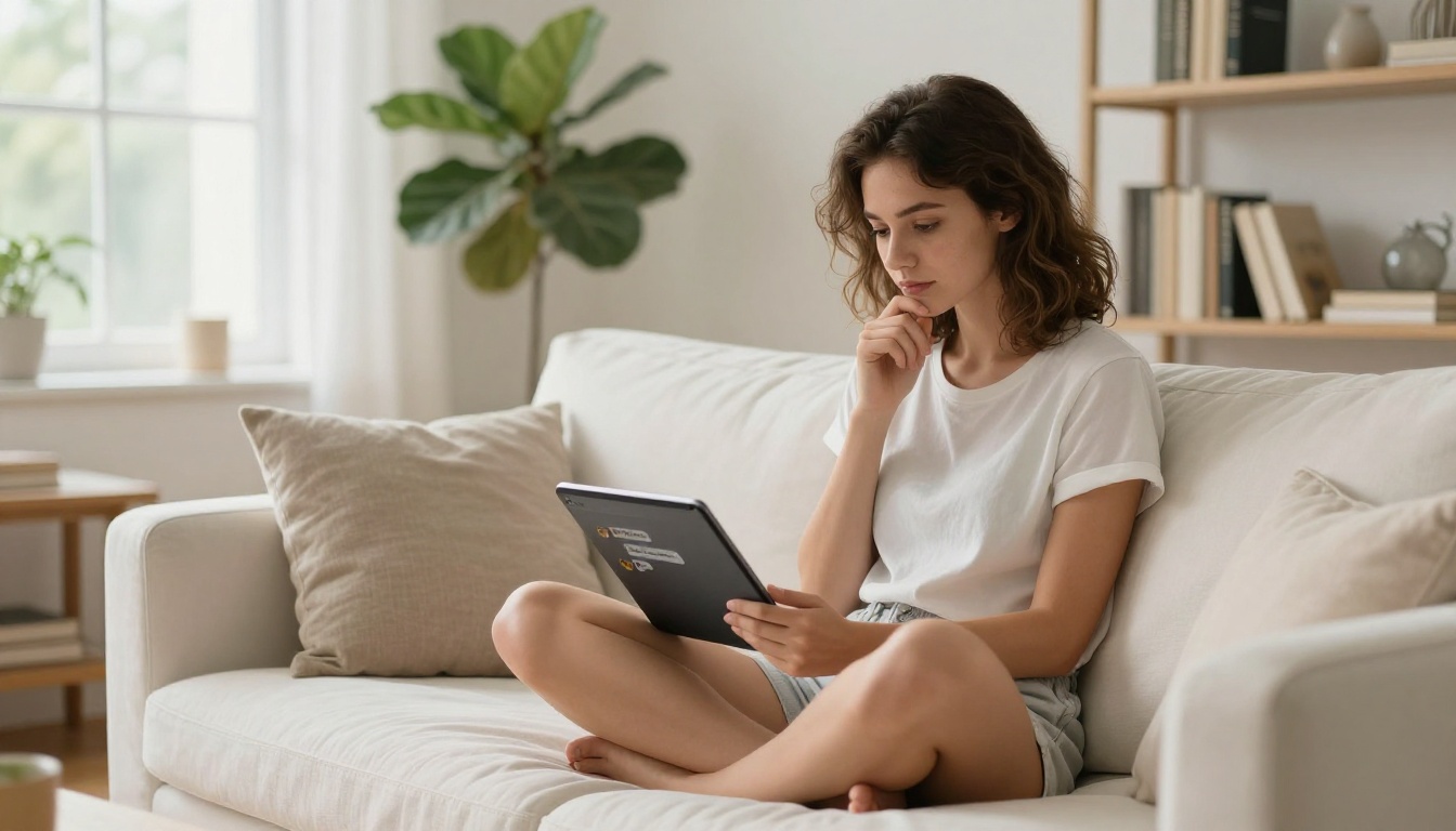 Woman using AI chatbot on tablet in bright living room