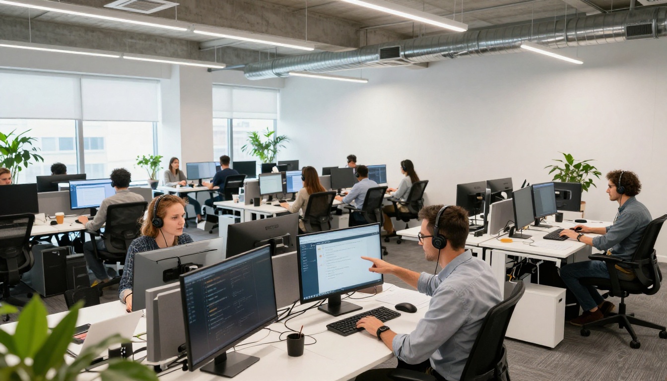 Professionals collaborating with AI chatbots in a modern office