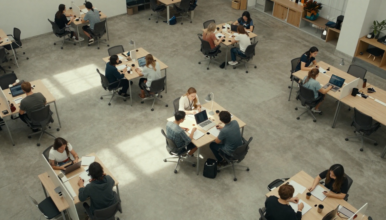 Aerial view of a creative office with teams working at desk pods