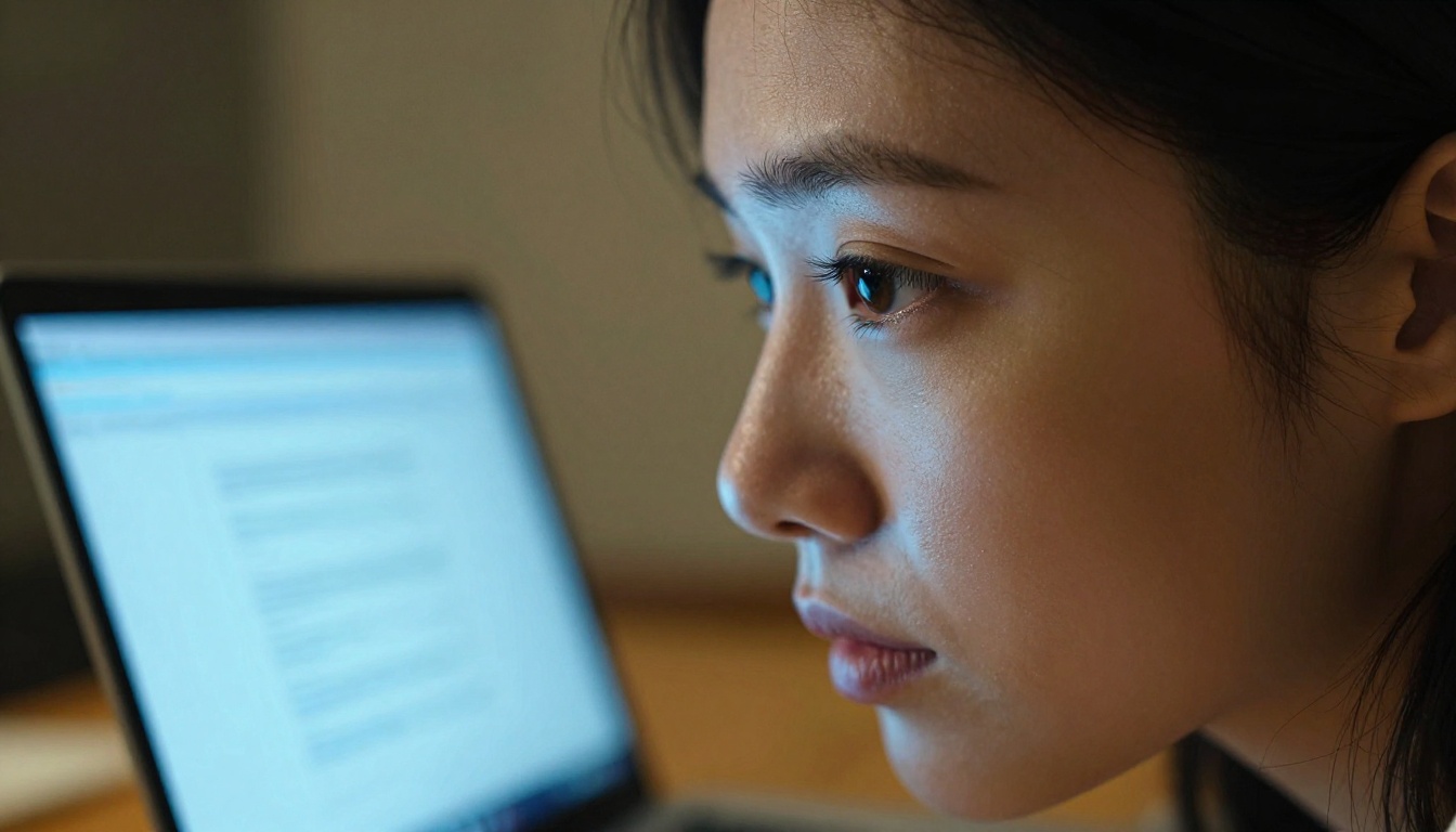 Close-up portrait of a woman with screen light on her face