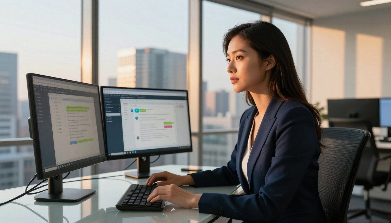 Professional woman using AI interface at glass desk with panoramic city view