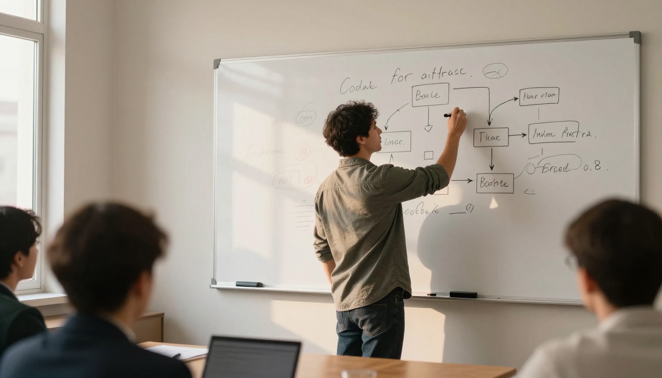 Man sketching a flowchart on a whiteboard in a small meeting room