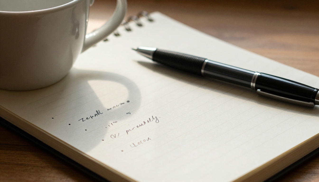 Coffee mug and handwritten notes on a wooden desk