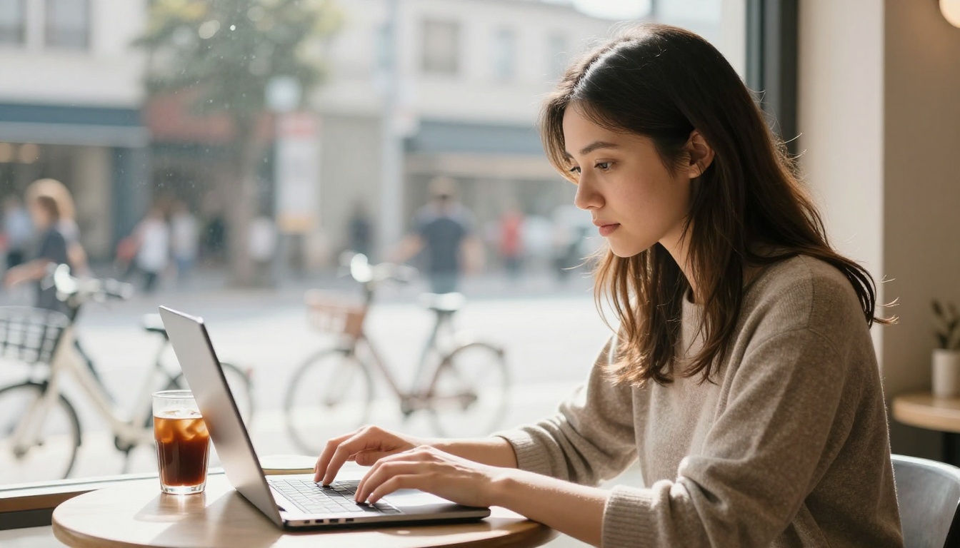 Young woman working alone at a cafe table by a window