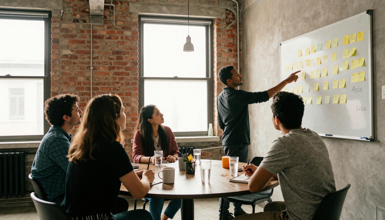 Four colleagues brainstorming around a round table in a loft space