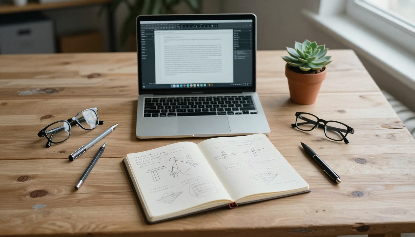 Overhead flat lay of a laptop, sketchbook, succulent, and pens on a wooden desk