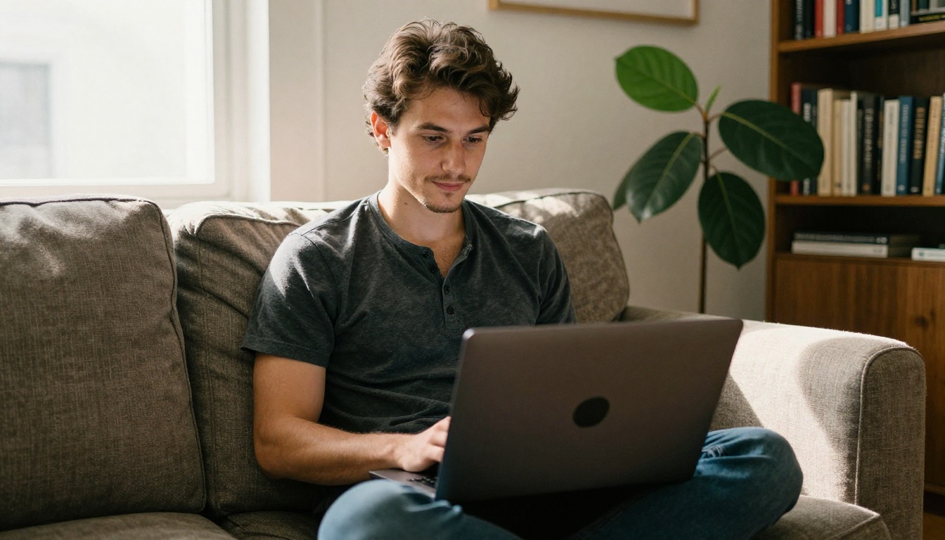 A man relaxing on a sofa with a laptop working from home in afternoon light