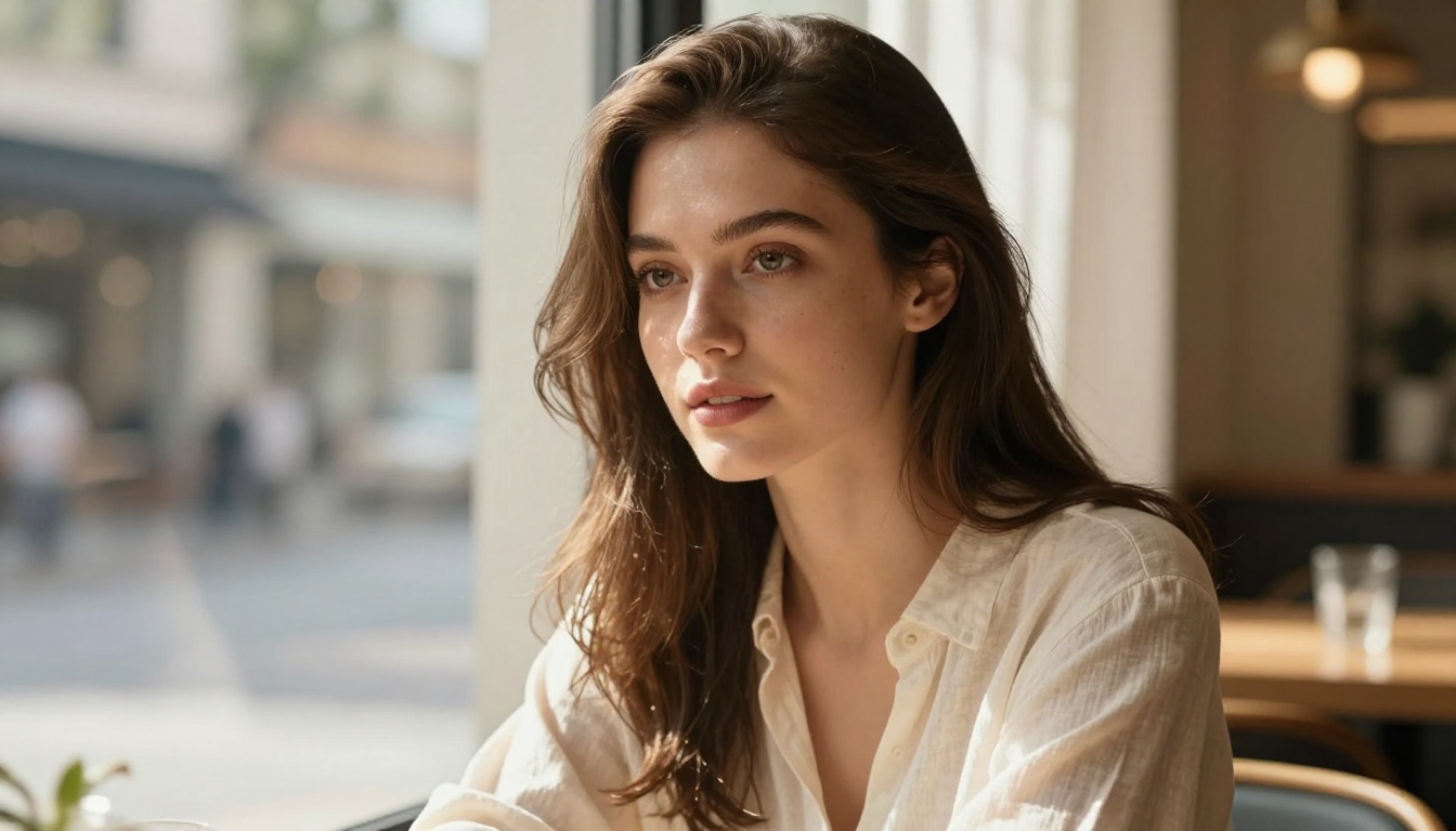 Portrait of a young woman in a café window seat with natural light