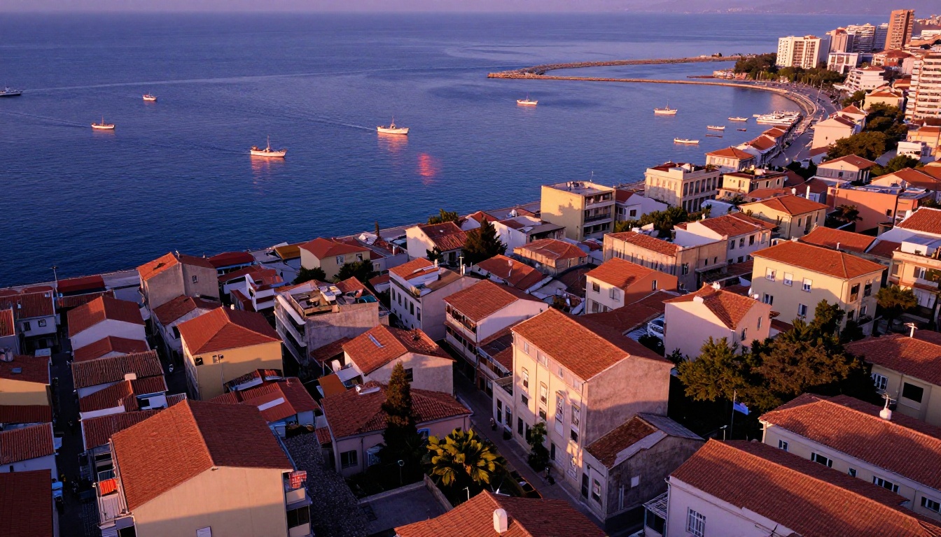 Aerial view of a coastal city at golden hour with terracotta rooftops