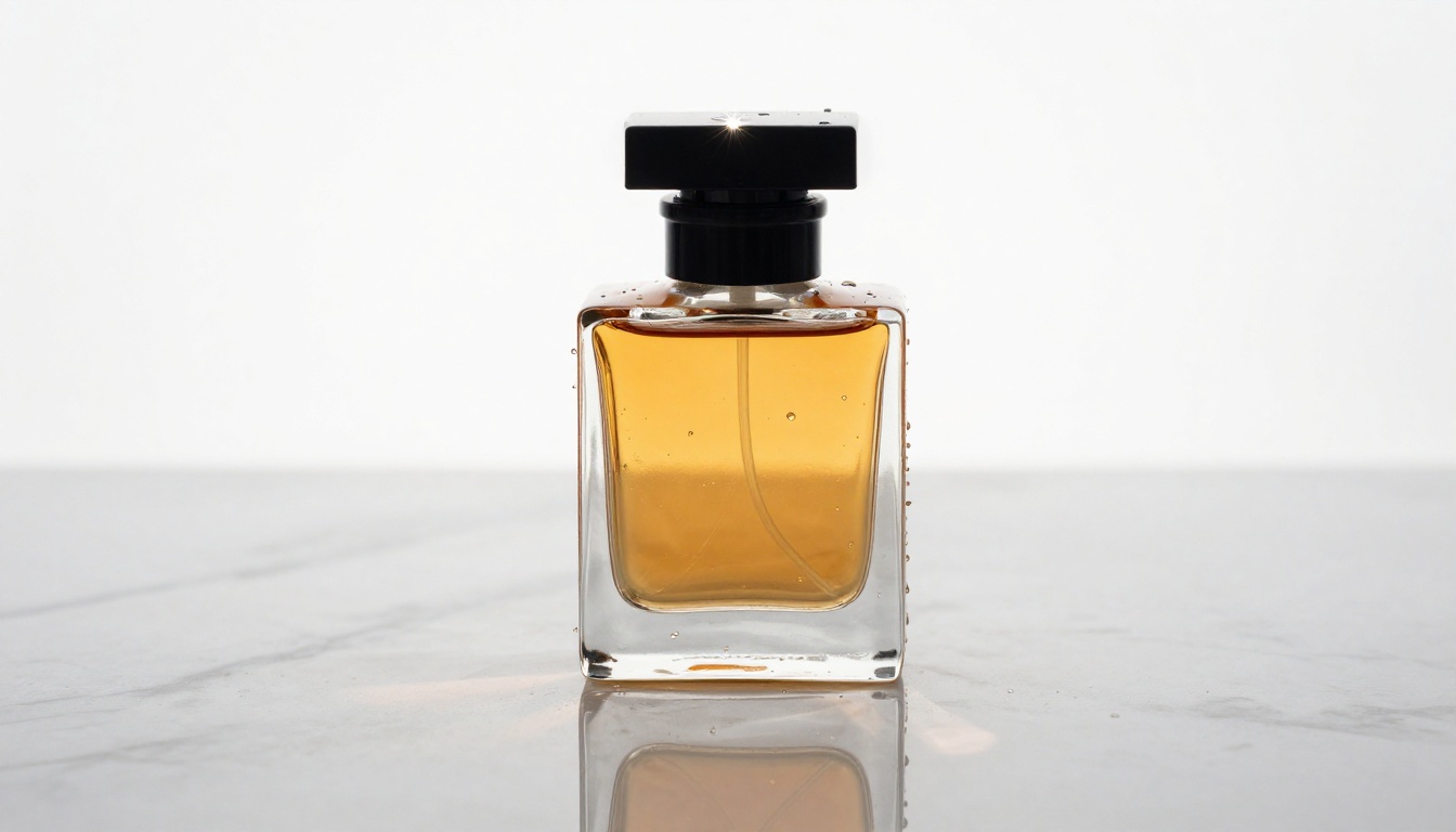 Close-up product shot of a luxury amber perfume bottle on marble