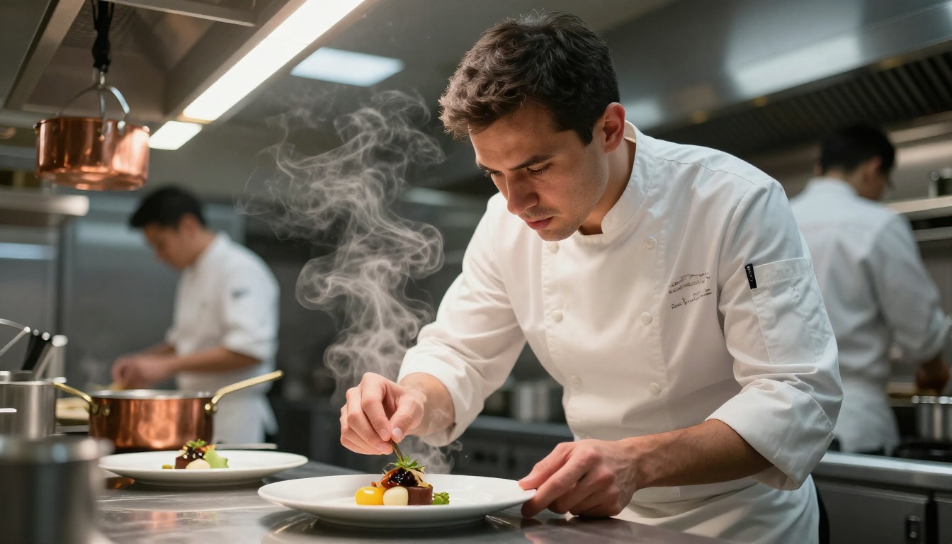 Executive chef with focused expression plating a gourmet dish in a professional kitchen