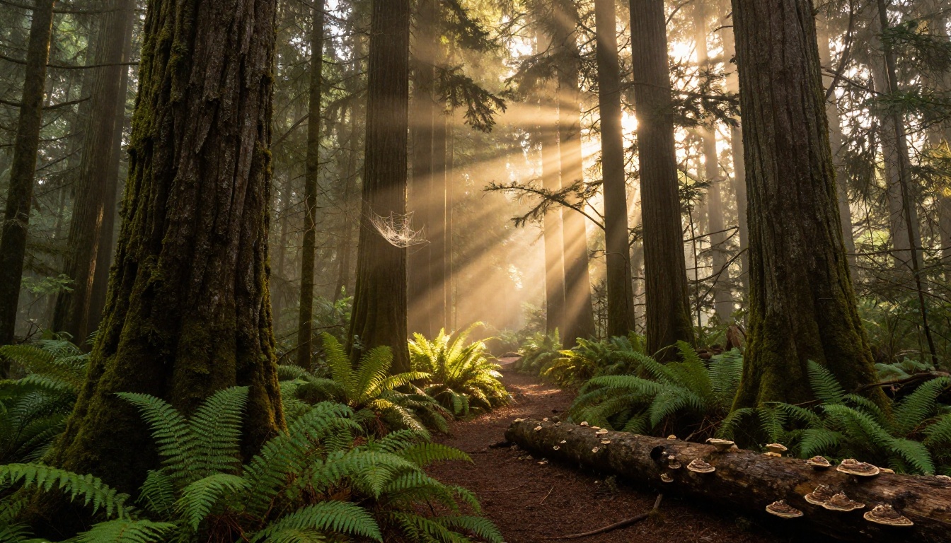 Ancient dense forest with volumetric morning light piercing through fog
