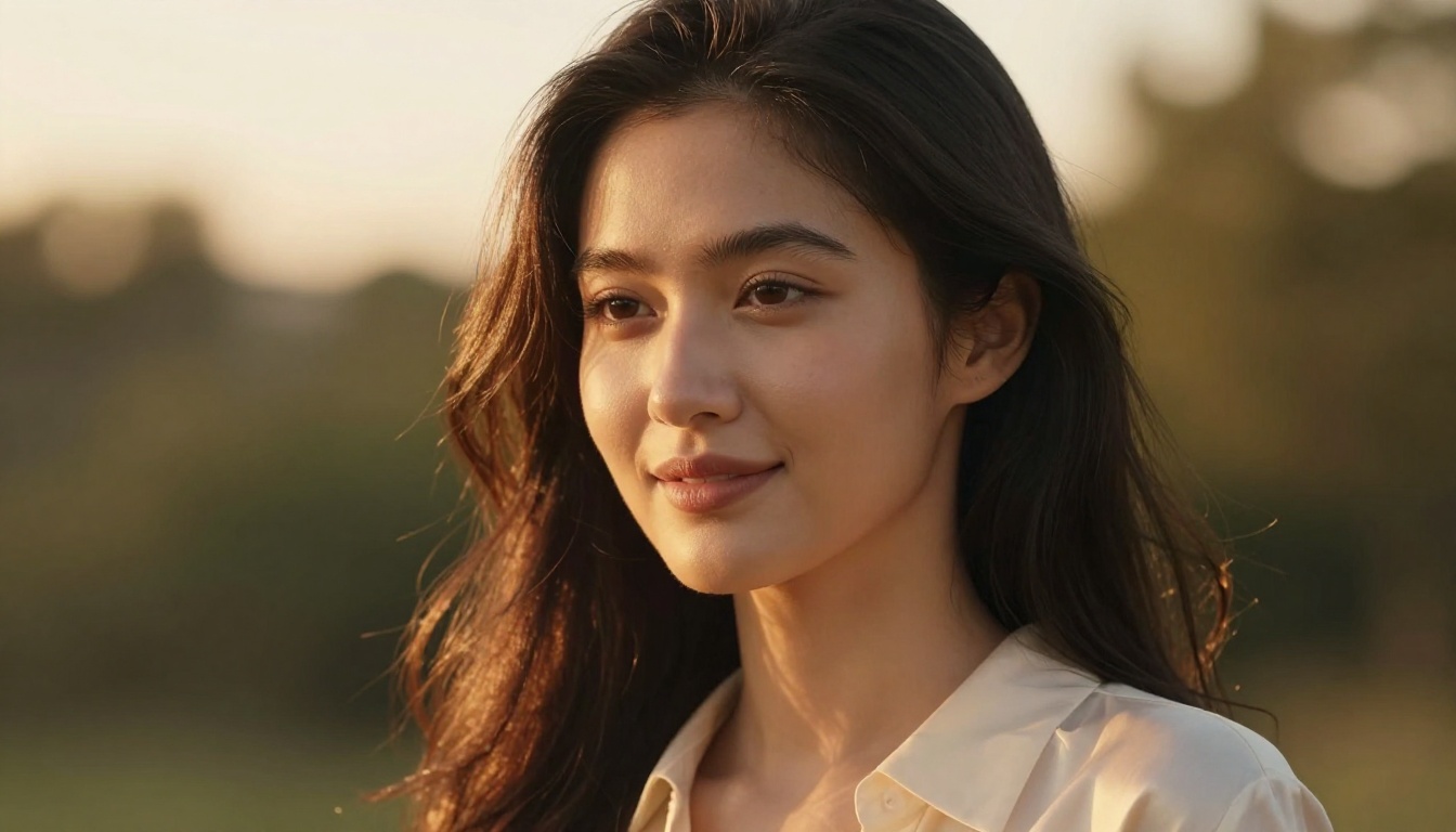 Close-up portrait of a beautiful young woman with long dark hair in golden hour light